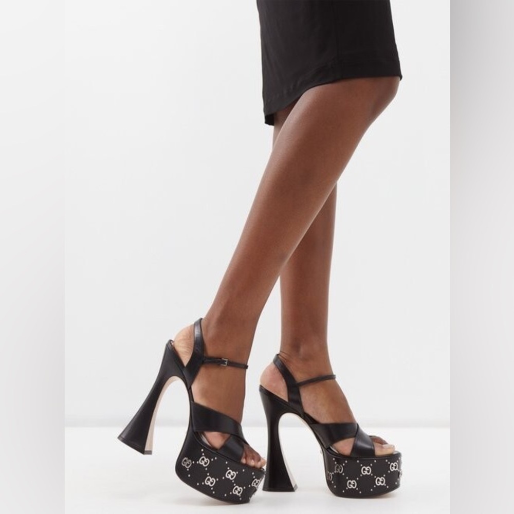 Gucci Black Leather Janaya Gg-studded open toe Platform Sandals EU 41